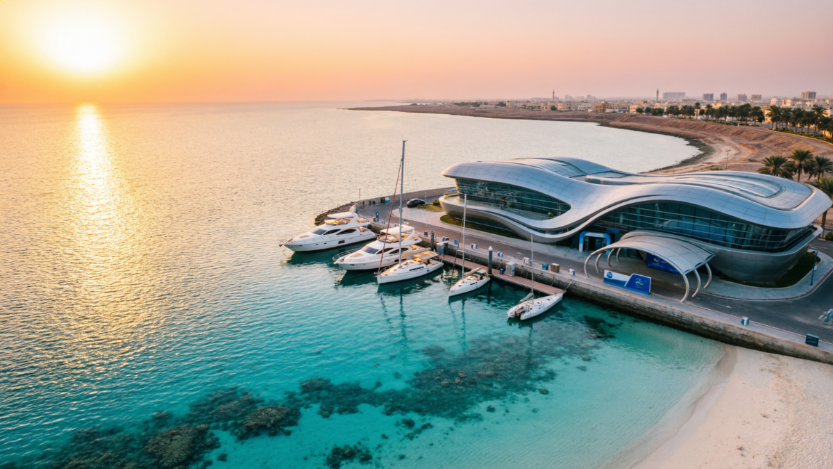 Aerial view of Yanbu's Red Sea coastline with a modern marina and diving center representing Saudi Arabia's tourism investment expansion.