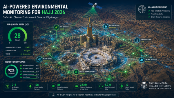 AI-powered satellite environmental monitoring system over Makkah during Hajj 2026, showing data overlays for air quality and inspection coverage.