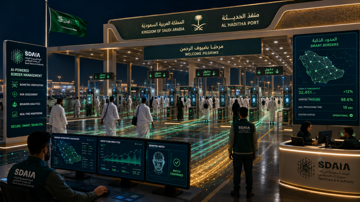 SDAIA engineering teams maintaining digital border systems at a Saudi port of entry during post-Hajj pilgrim departures.