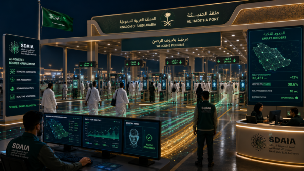SDAIA engineering teams maintaining digital border systems at a Saudi port of entry during post-Hajj pilgrim departures.