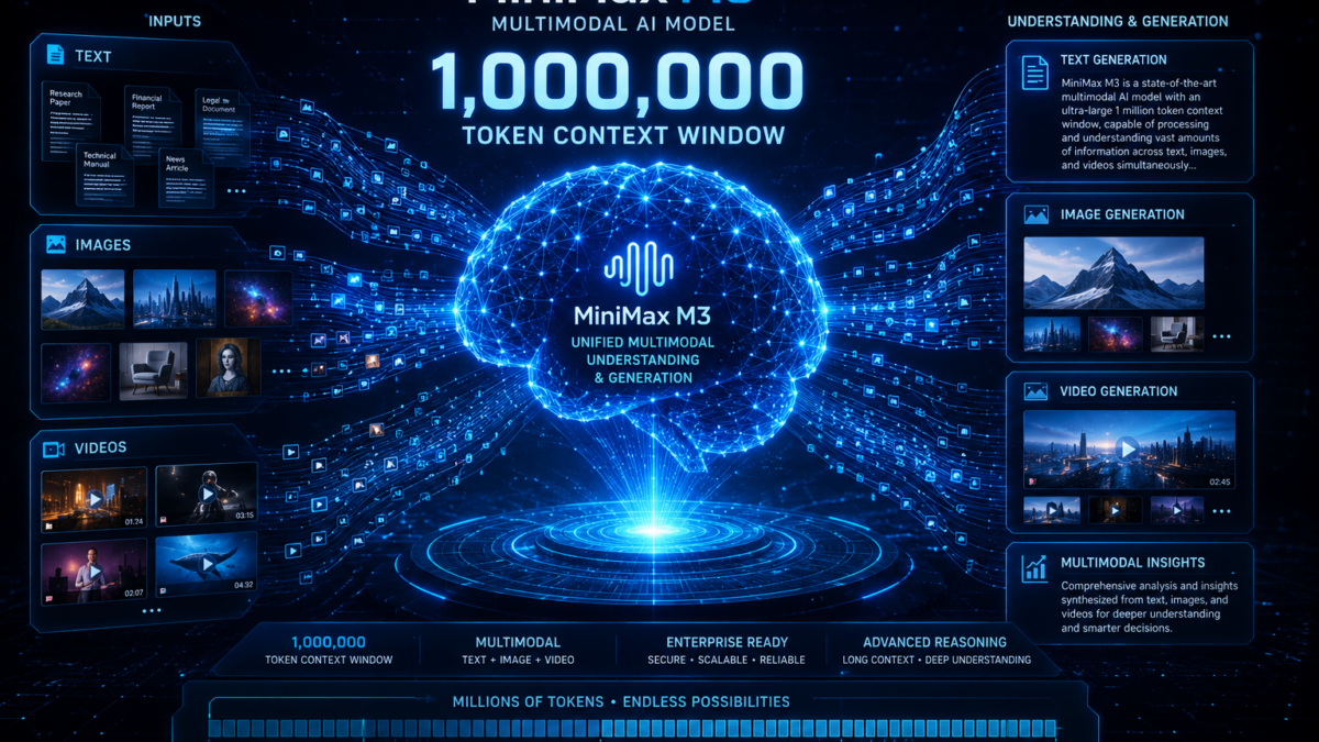 MiniMax M3 multimodal AI model visualized with a 1 million token context window processing text, image, and video data simultaneously.