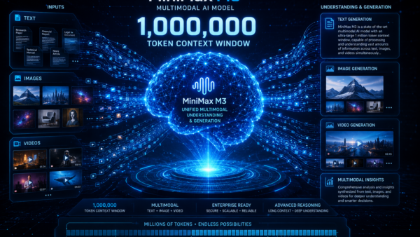 MiniMax M3 multimodal AI model visualized with a 1 million token context window processing text, image, and video data simultaneously.