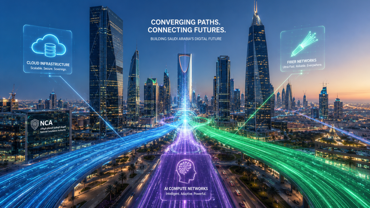 A conceptual view of modern Saudi enterprise technology pathways representing advanced cloud, fiber, and AI networks.