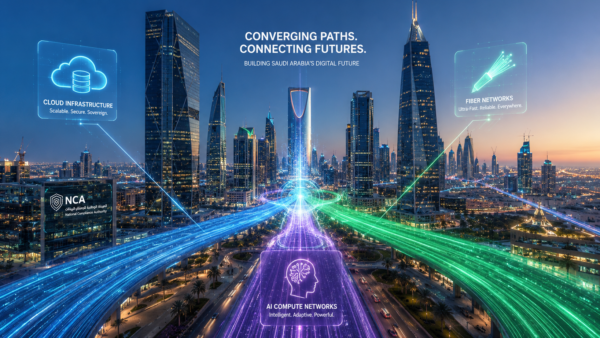 A conceptual view of modern Saudi enterprise technology pathways representing advanced cloud, fiber, and AI networks.