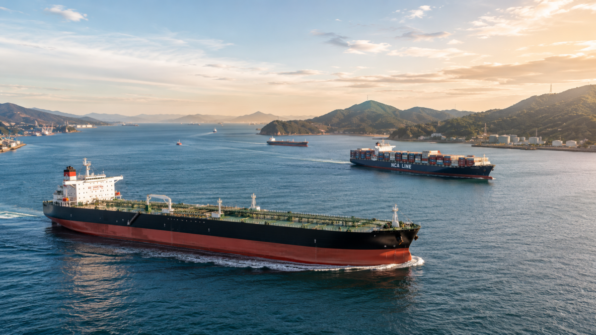 Commercial energy supertankers and cargo ships sailing through a calm ocean transit corridor under a clear warm sky.