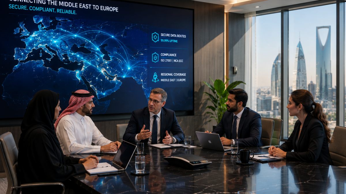 Enterprise technology leaders holding a strategic meeting in a modern conference room with a digital map showing regional connectivity.