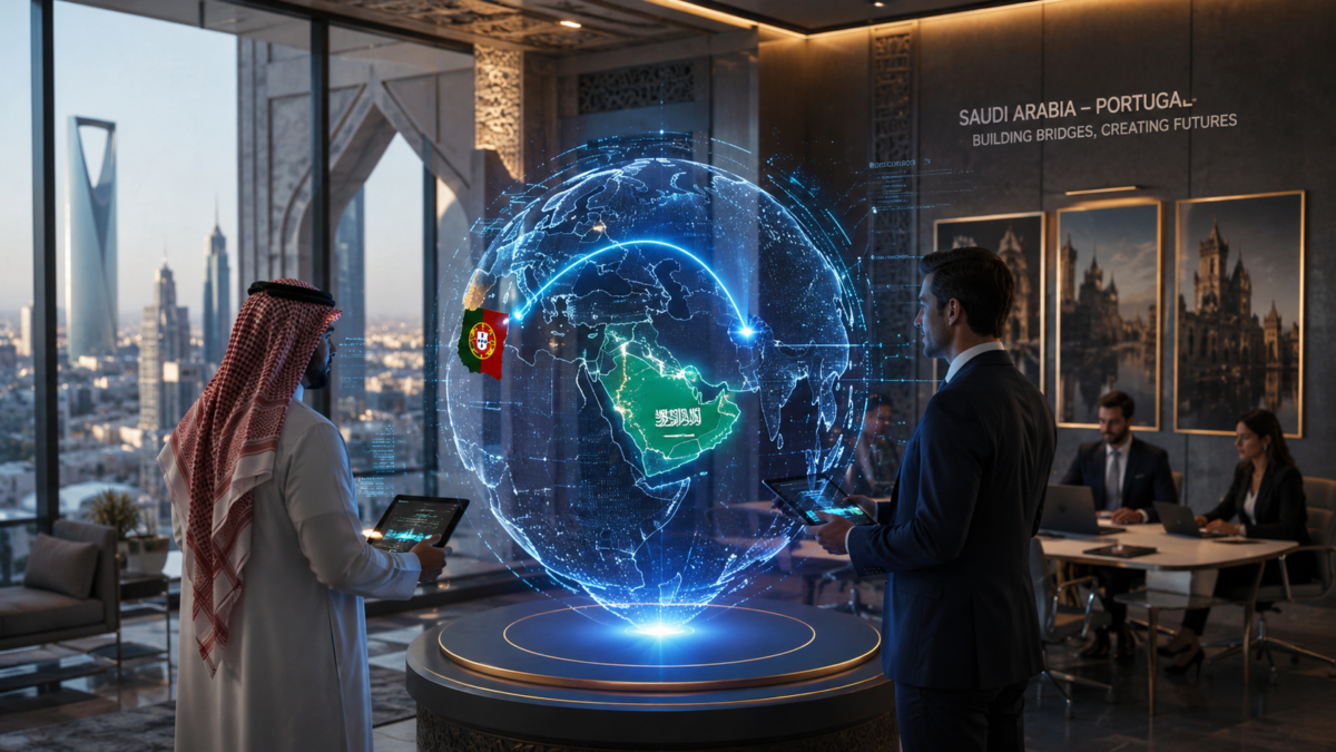Holographic globe showing digital business connections between Saudi Arabia and Europe