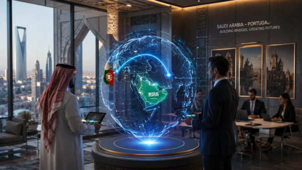 Holographic globe showing digital business connections between Saudi Arabia and Europe