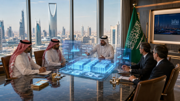 Saudi government and private sector executives discussing AI data center investments in a modern Riyadh boardroom.