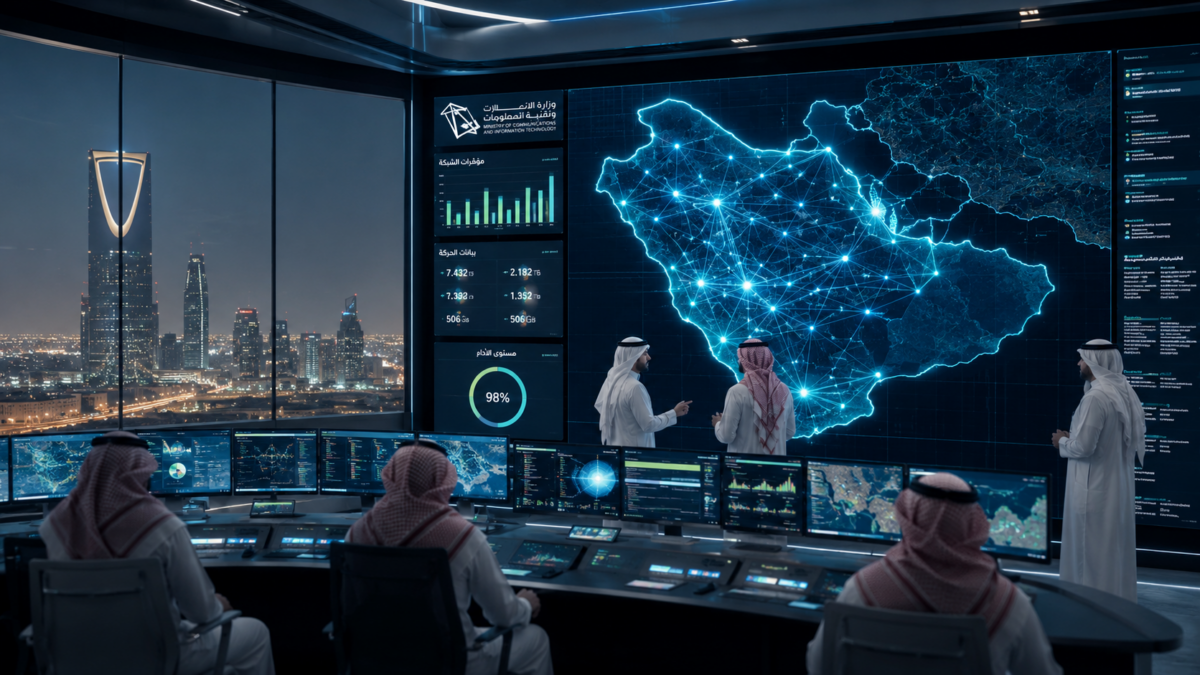 A high-tech digital infrastructure network control room in Riyadh showing a connectivity map of Saudi Arabia.