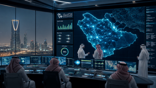 A high-tech digital infrastructure network control room in Riyadh showing a connectivity map of Saudi Arabia.