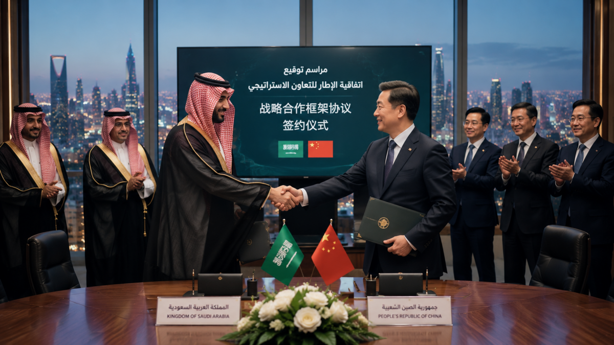 A corporate signing ceremony between Saudi and Chinese business leaders in a Riyadh high-rise.