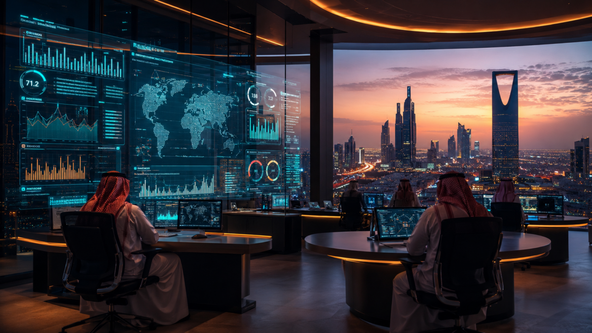 A high-end corporate analytics and digital command room featuring advanced data visualizations against the backdrop of a modern Riyadh skyline at sunset.
