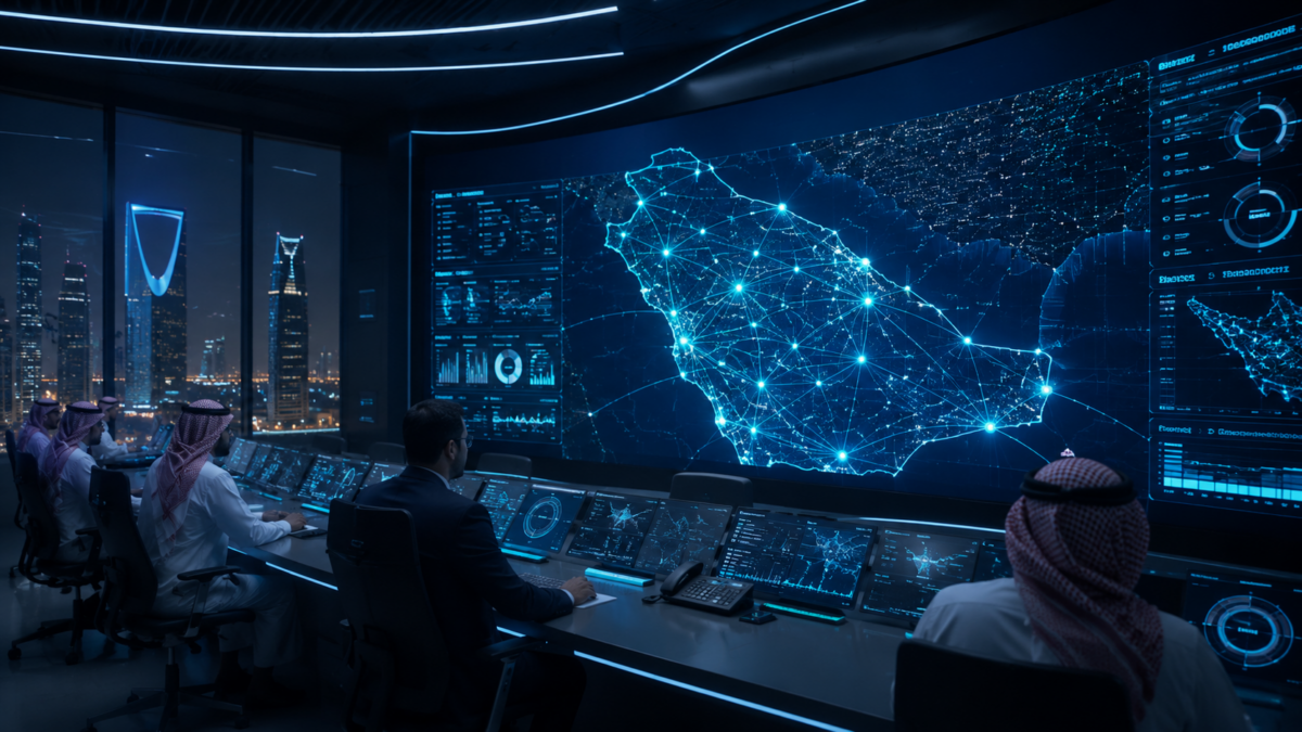 A high-tech digital infrastructure network control room in Riyadh showing a connectivity map of Saudi Arabia.
