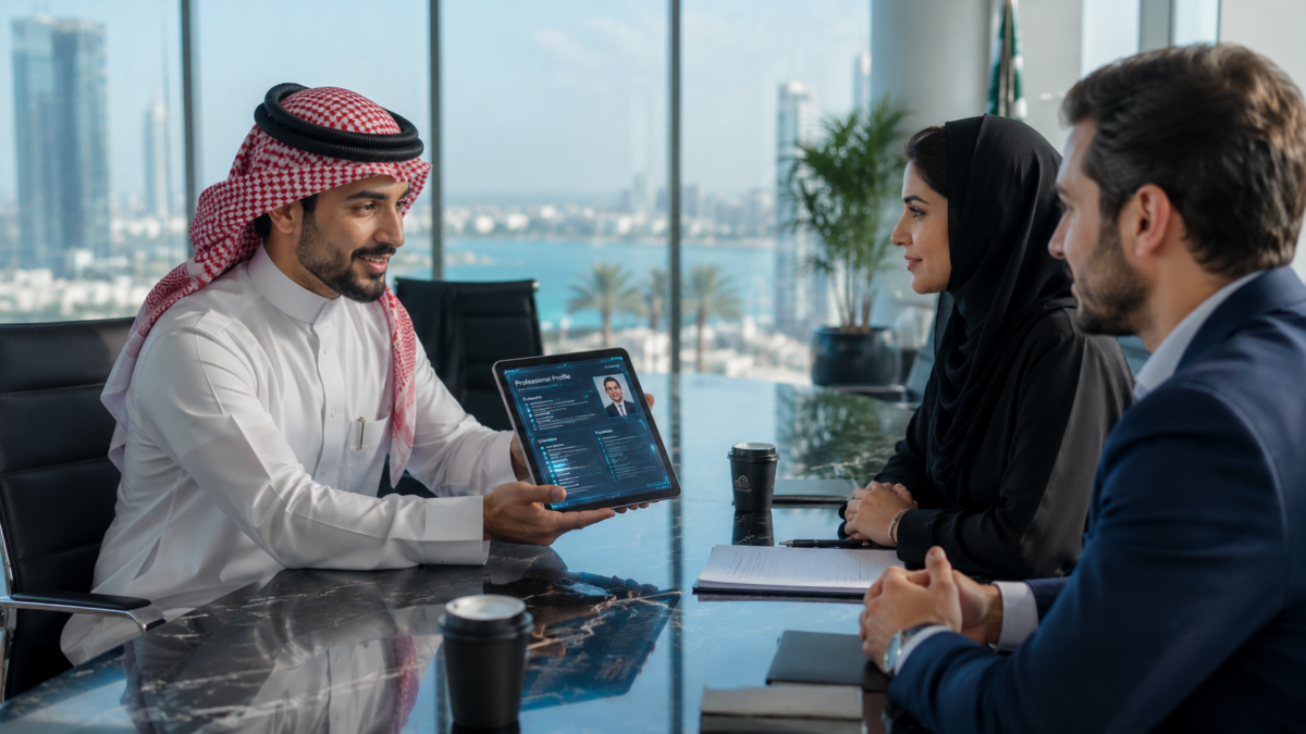 A professional tech hiring interview inside a modern corporate glass office in Saudi Arabia.