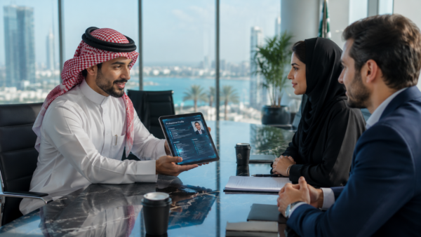 A professional tech hiring interview inside a modern corporate glass office in Saudi Arabia.