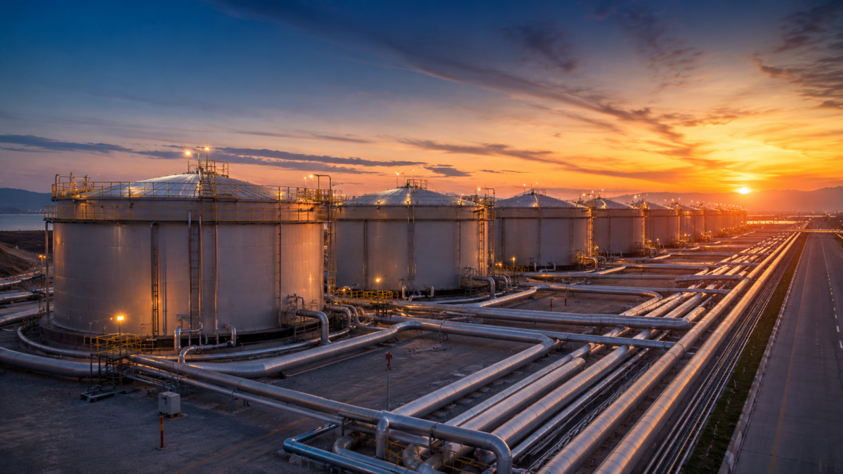A massive modern energy infrastructure storage facility showing clean pipeline networks at sunset.
