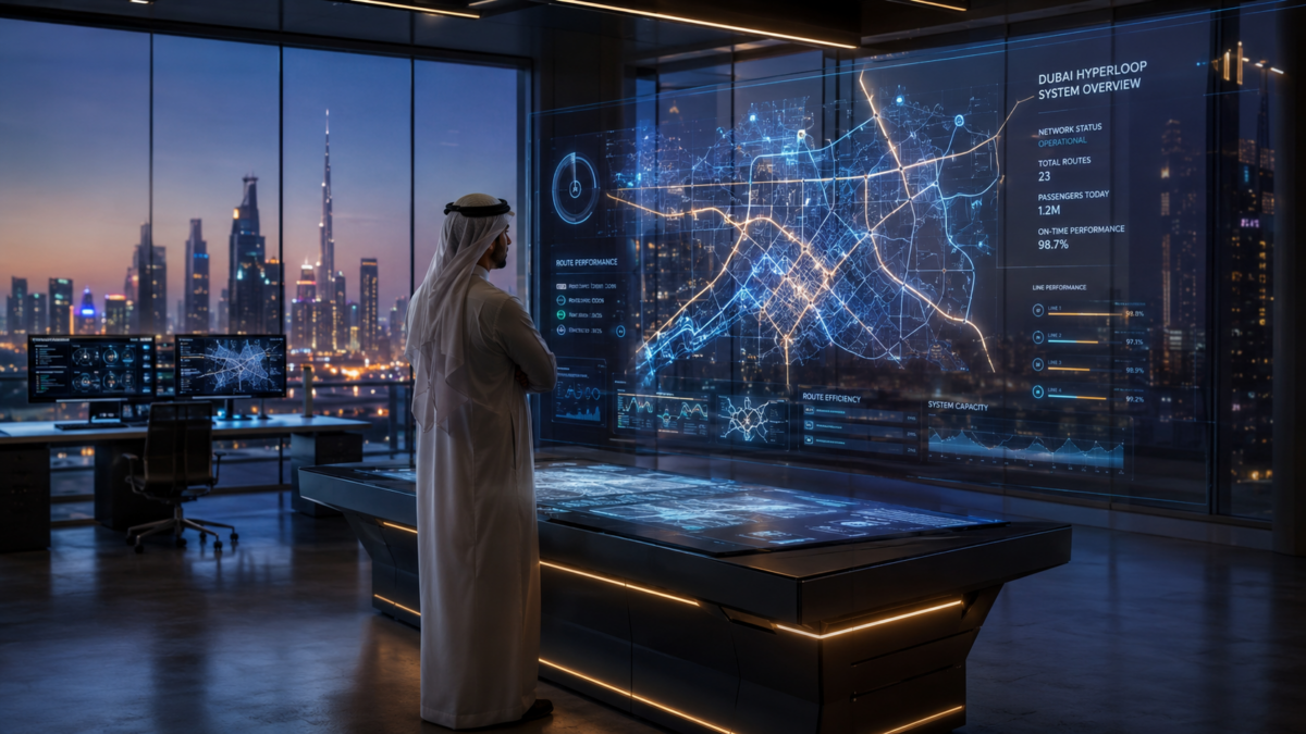 Executive standing in a futuristic command center overlooking a modern Gulf city skyline at dusk, analyzing holographic transit route maps and operational data on a transparent glass display. The high-tech workspace features immersive blue and gold lighting, advanced visualization interfaces, and a sleek corporate environment, representing smart city transportation management and digital infrastructure planning.