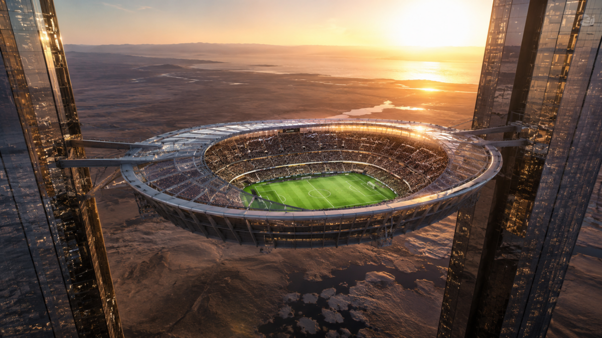 Futuristic NEOM Sky Stadium suspended between mirrored buildings of The Line during sunset.