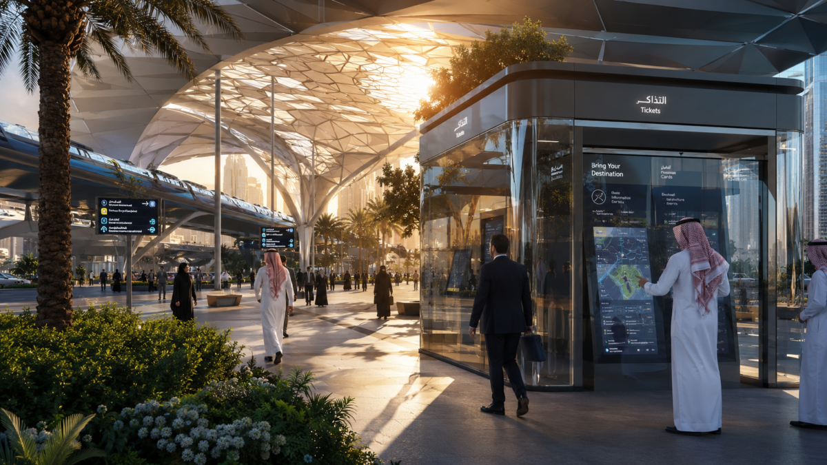 Futuristic smart city transportation hub in Saudi Arabia implementing advanced digital tourism infrastructure.