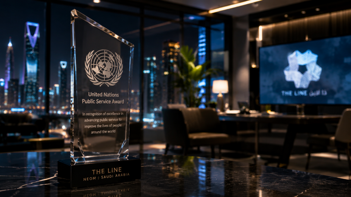 A crystal United Nations Public Service Award trophy standing elegantly on a polished boardroom table with the modern Riyadh skyline visible through high windows.