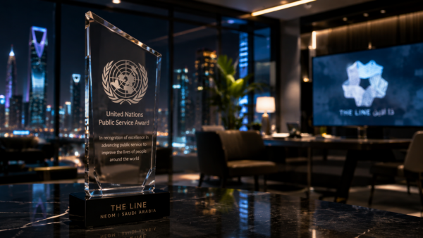 A crystal United Nations Public Service Award trophy standing elegantly on a polished boardroom table with the modern Riyadh skyline visible through high windows.