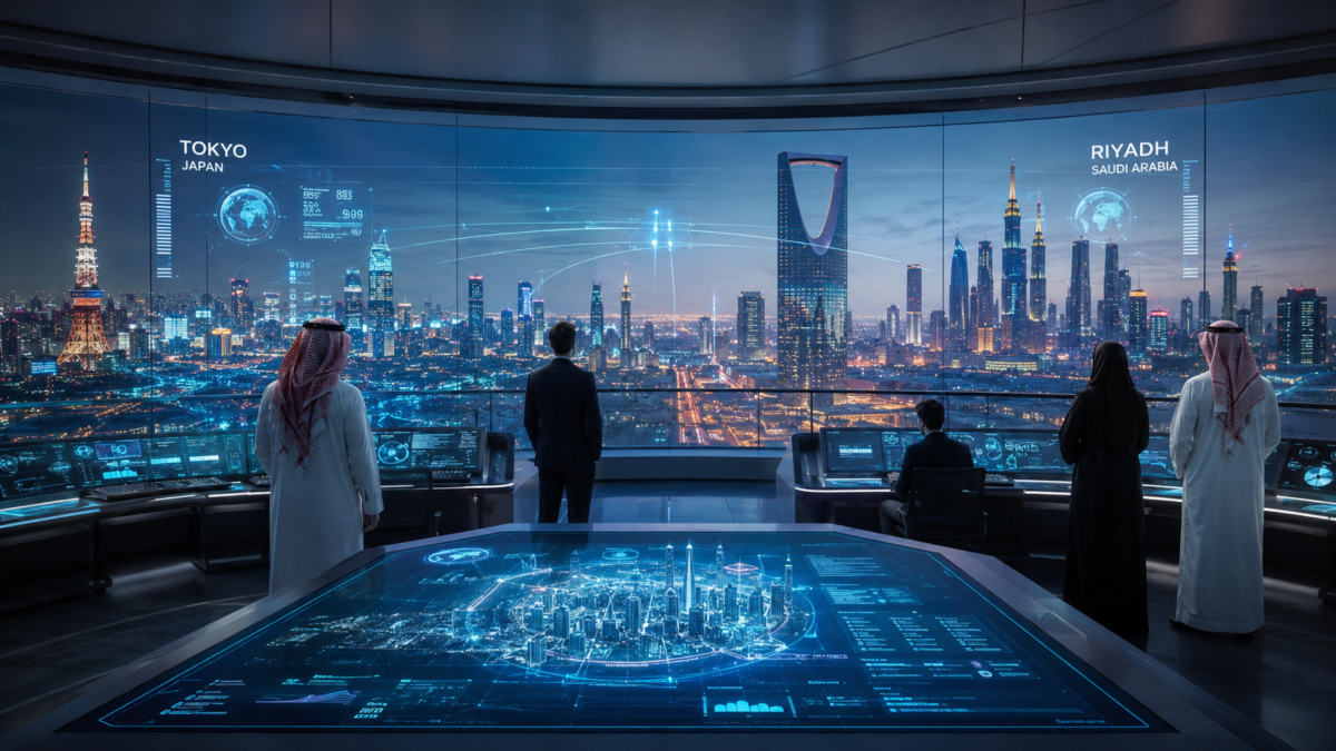 A digital urban control room representing smart city cooperation between Riyadh and Tokyo.
