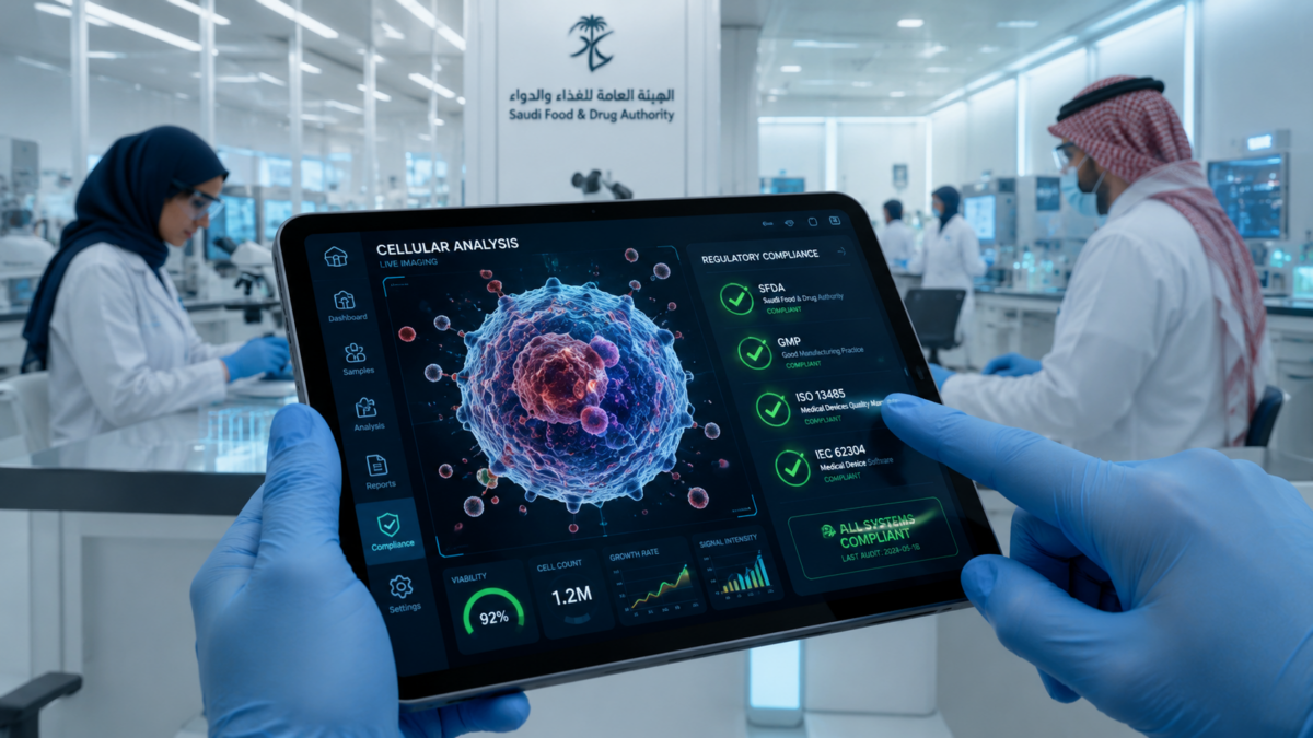 A digital medical interface displaying compliance metrics and advanced biotechnology data in a laboratory setting.