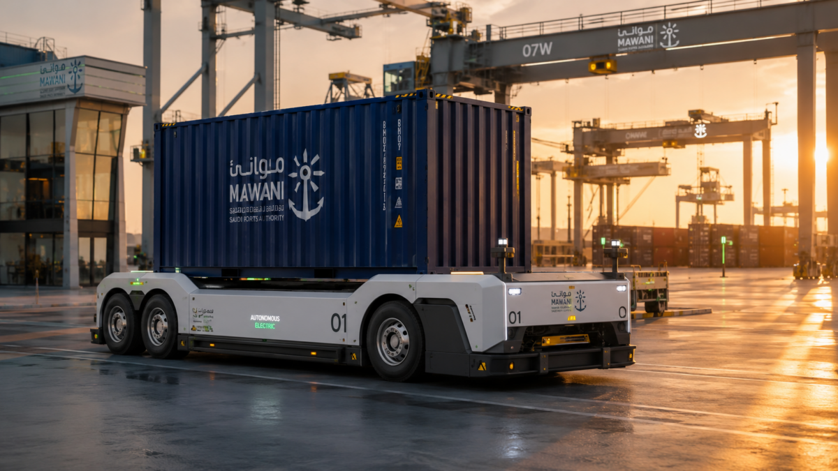 An autonomous electric cargo container transport moving through a futuristic Saudi logistics hub.