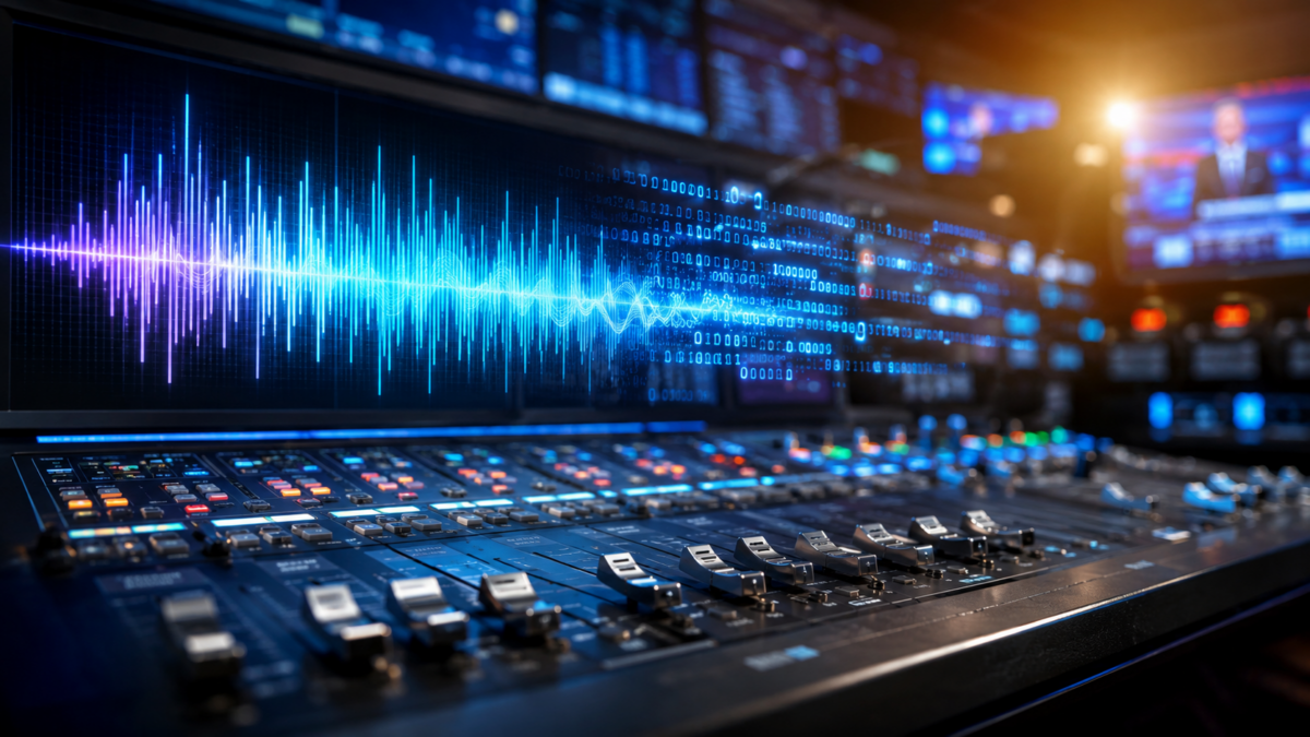 A high tech broadcast studio mixing console with digital audio and data tracks glowing on screens.