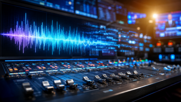 A high tech broadcast studio mixing console with digital audio and data tracks glowing on screens.