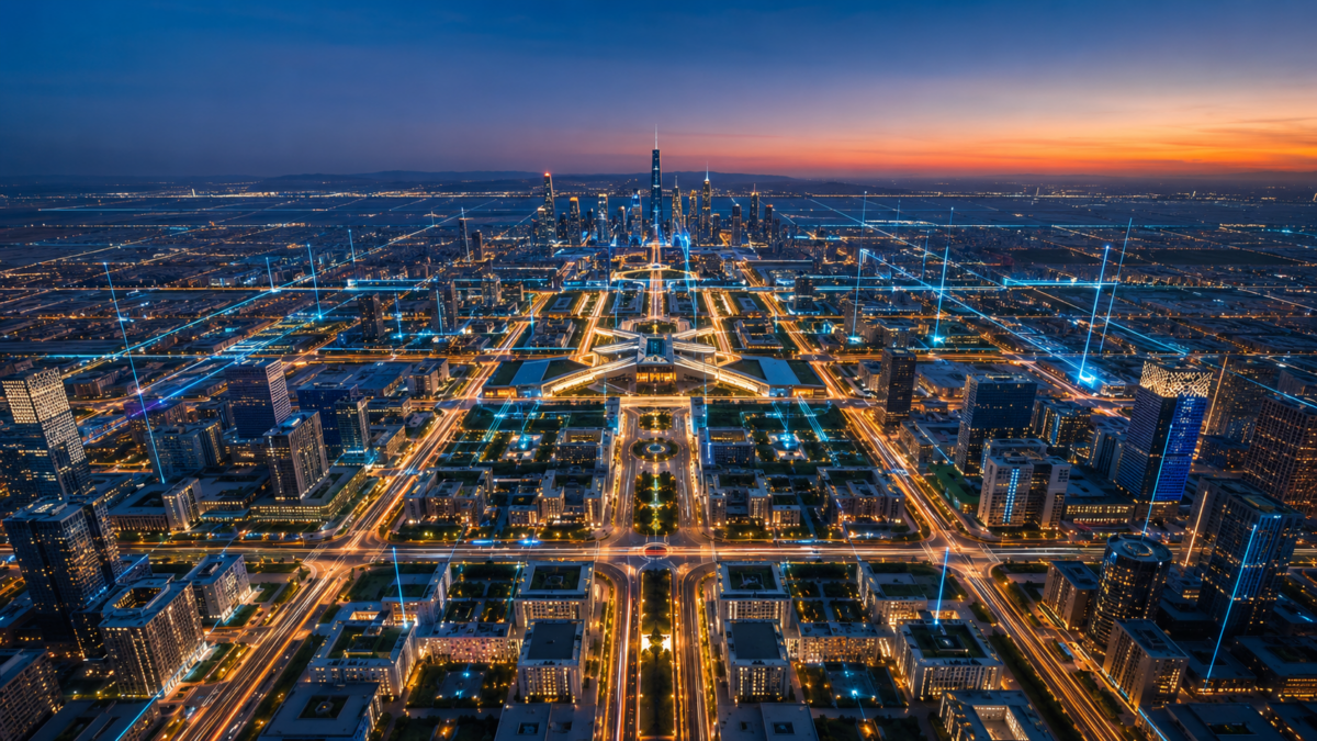 A high-angle view of a modern Saudi smart city layout integrated with digital infrastructure lighting arrays at twilight.