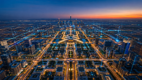 A high-angle view of a modern Saudi smart city layout integrated with digital infrastructure lighting arrays at twilight.