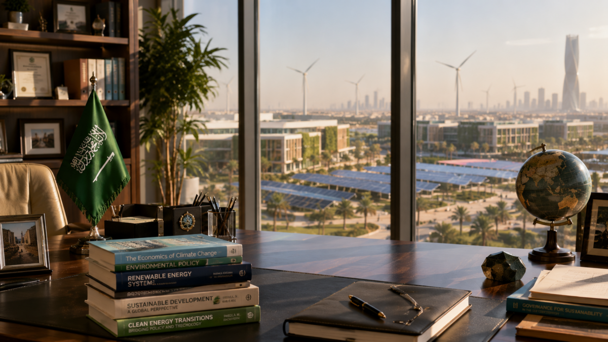 A corporate workspace in Saudi Arabia with climate change research books on the desk overlooking a sustainable energy project.