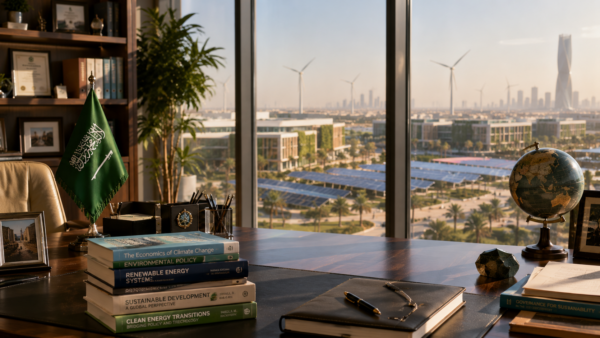 A corporate workspace in Saudi Arabia with climate change research books on the desk overlooking a sustainable energy project.