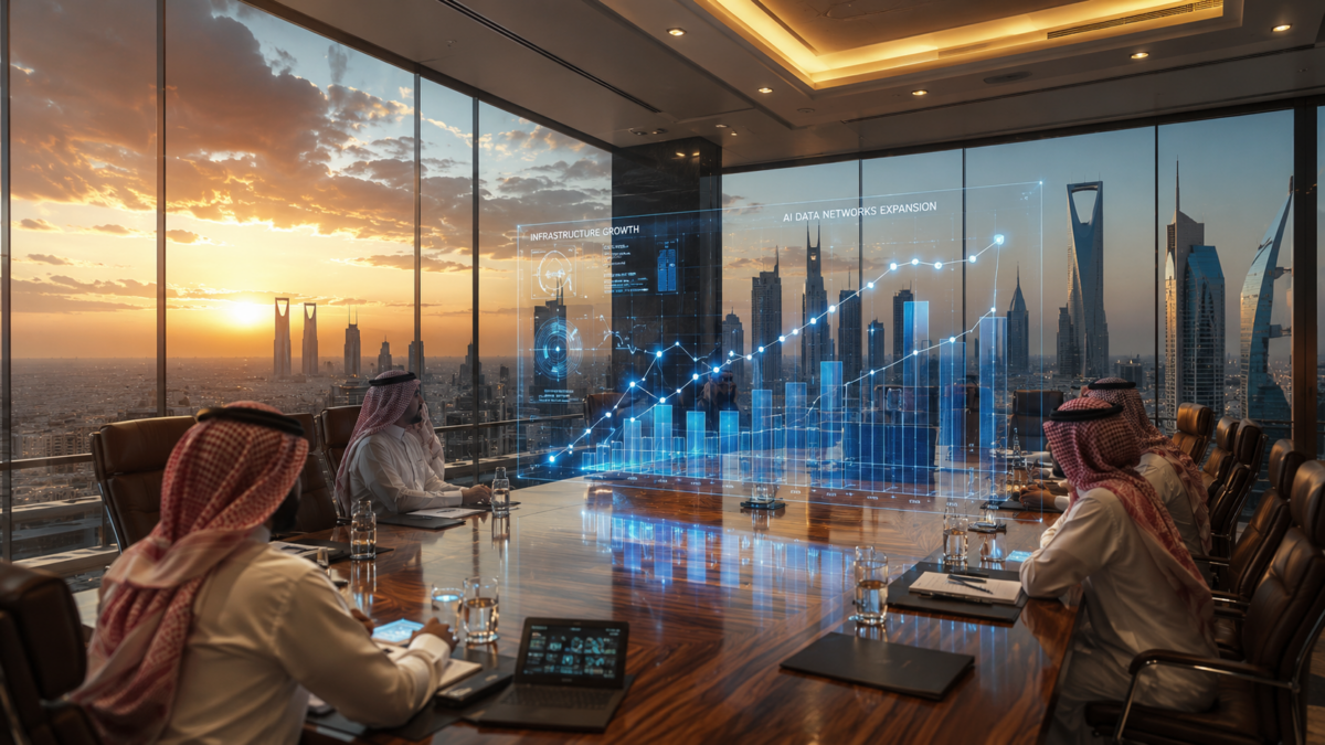 Corporate boardroom in Riyadh overlooking a modern skyline with holographic financial growth charts focused on infrastructure and AI investments.
