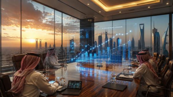 Corporate boardroom in Riyadh overlooking a modern skyline with holographic financial growth charts focused on infrastructure and AI investments.