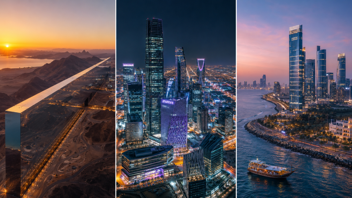 Aerial comparison of NEOM, Riyadh, and Jeddah skylines representing Saudi Arabia technology city choices in 2026