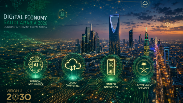 Digital illustration of Riyadh skyline with AI and data network overlay representing Saudi Arabia's digital economy in 2026