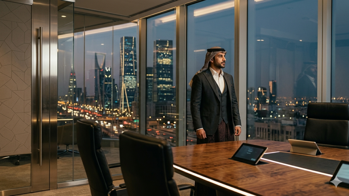 Corporate technology bank executive overlooking the illuminated high-rise skyline of King Abdullah Financial District in Riyadh at twilight.