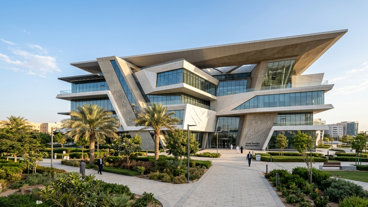 Striking modern geometric architecture of the Misk Foundation building in Riyadh under a bright morning sky.