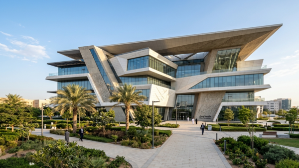 Striking modern geometric architecture of the Misk Foundation building in Riyadh under a bright morning sky.