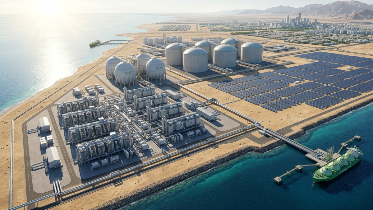 High-tech automated green hydrogen production facility and solar array operating along the industrial coast of Yanbu, Saudi Arabia.