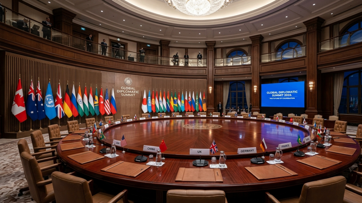 An elegant international diplomatic summit conference room prepared for global leadership talks.