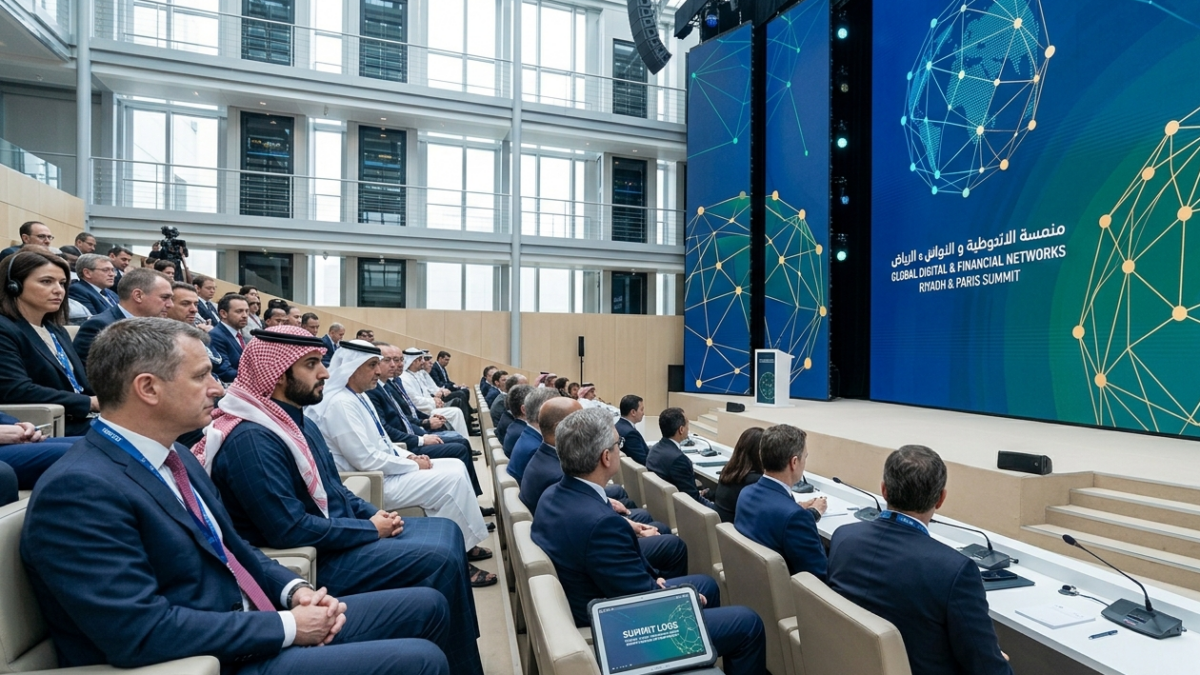 Global corporate and Middle Eastern delegates convening at an international investment summit in Paris.