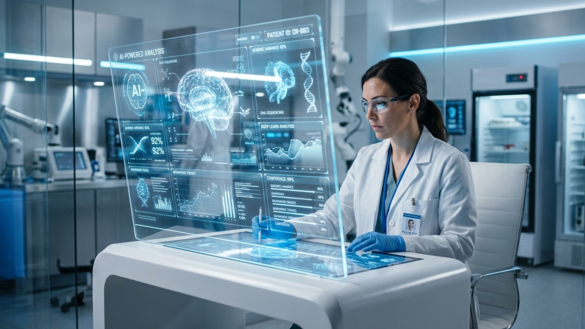 Advanced medical clinical facility showing data interfaces powered by artificial intelligence.