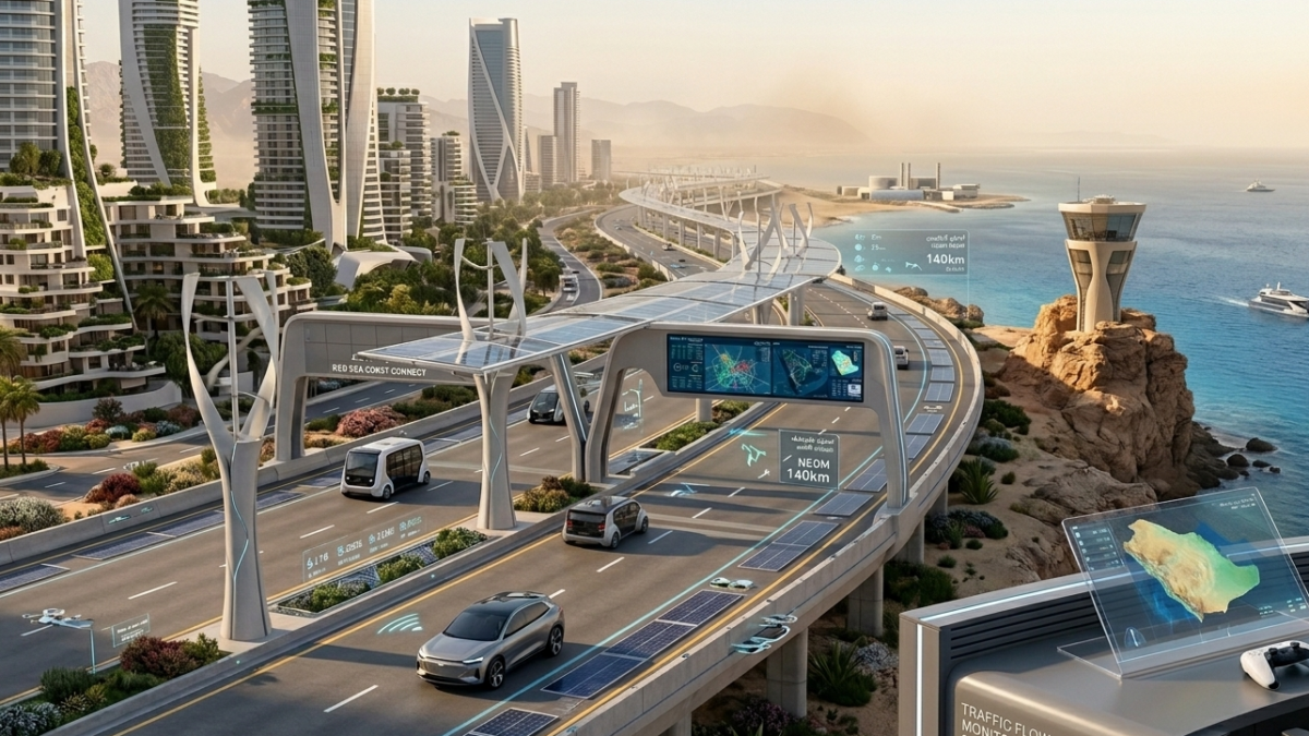 Advanced, futuristic smart city highway infrastructure along the Saudi Red Sea coast during a clear afternoon.