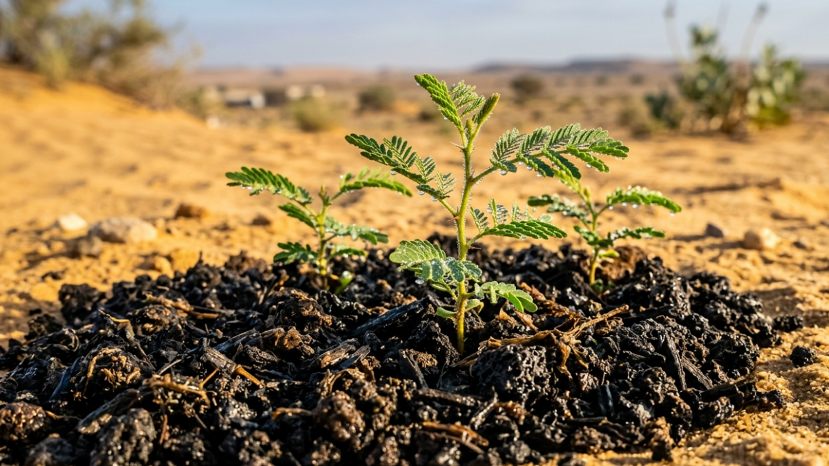 Native Saudi Arabian acacia saplings planted in high-contrast dark engineered biochar soil matrix within an arid desert restoration zone.