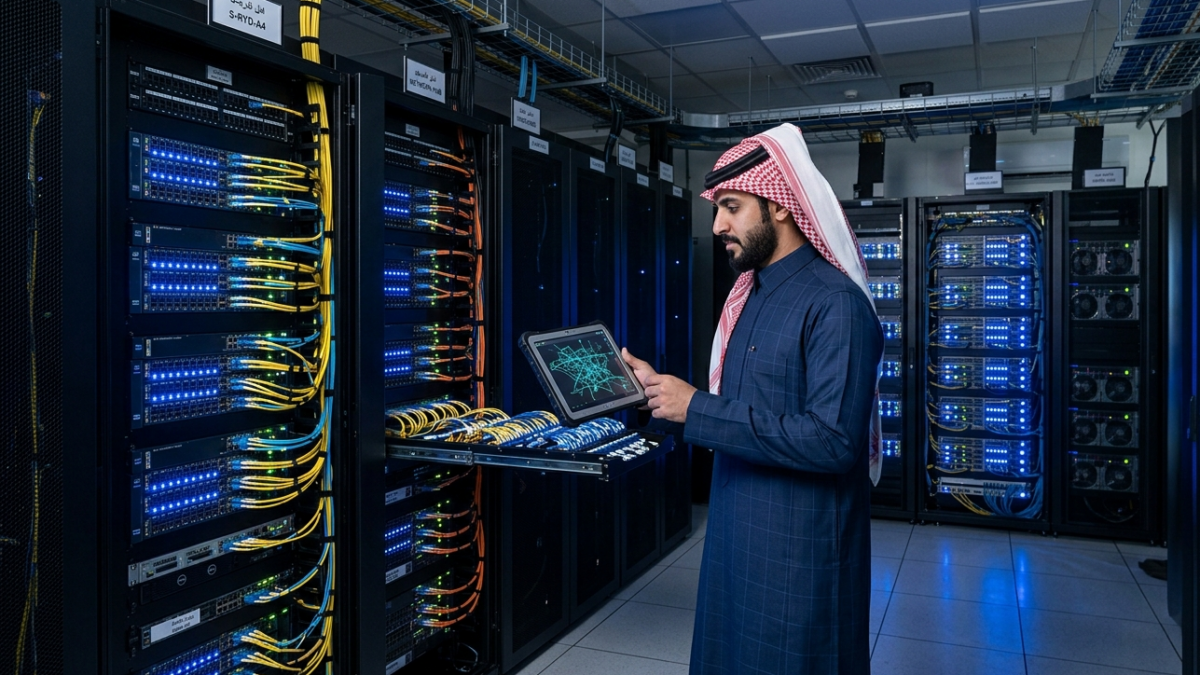 Inside a modern optical networking hub in Riyadh with fiber optic routing infrastructure.
