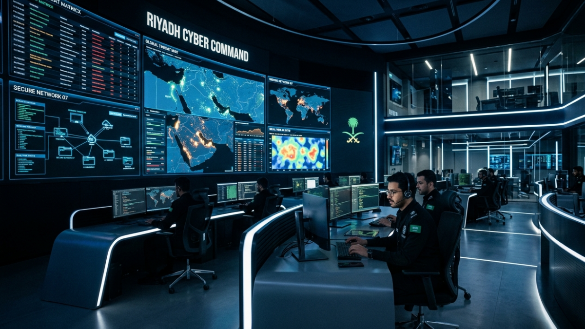 Modern cyber command center in Saudi Arabia displaying real-time security data threat matrices.